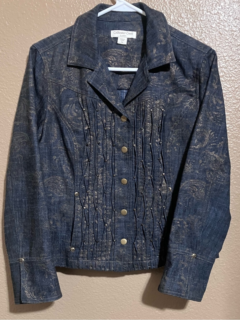 Coldwater Creek Navy Blue Denim Jacket with Metallic Paisley